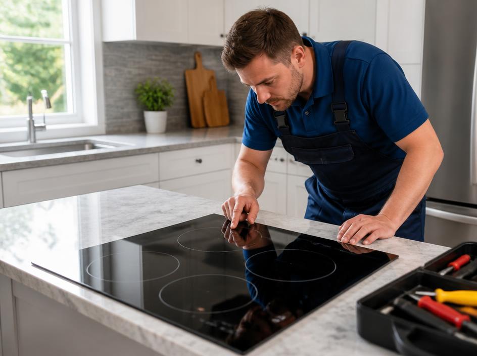 Technician repairing a glass cooktop