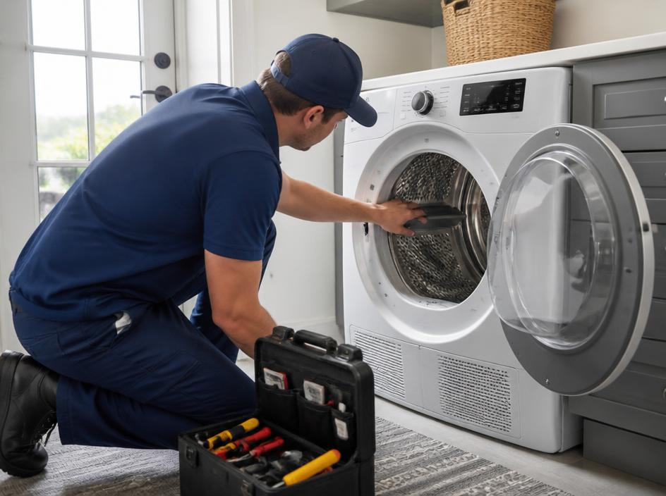 Technician repairing a clothes dryer