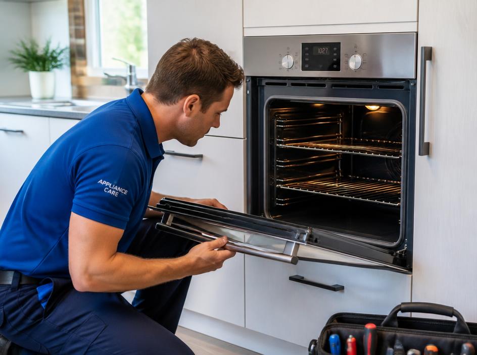 Technician repairing a built-in oven